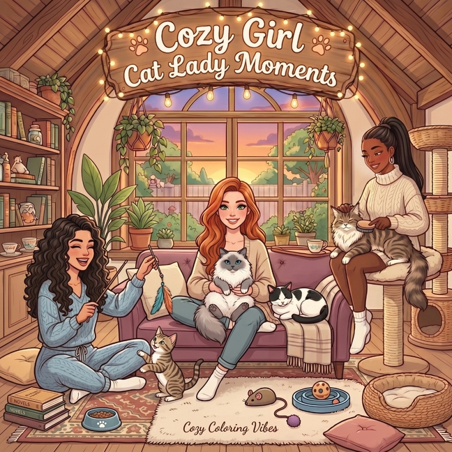 Cozy Girl Cat Lady Moments: Cute Comfy Homebody Adult & Teens Coloring Book Easy Bold Line Hygge Design, Relaxing Home Comfort Kitten Scenes & Daily G