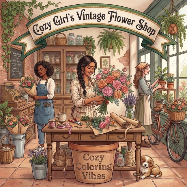 Cozy Girl's Vintage Flower Shop: Cute Fun Bold Line Coloring Book for Adults Artistic Aesthetic Floral Scenes, Relaxing Daily Moments, Peaceful Hygge