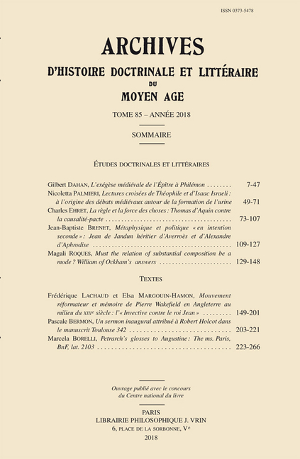 Archives d'Histoire Litteraire Et Doctrinale Du Moyen Age LXXXV - 2018