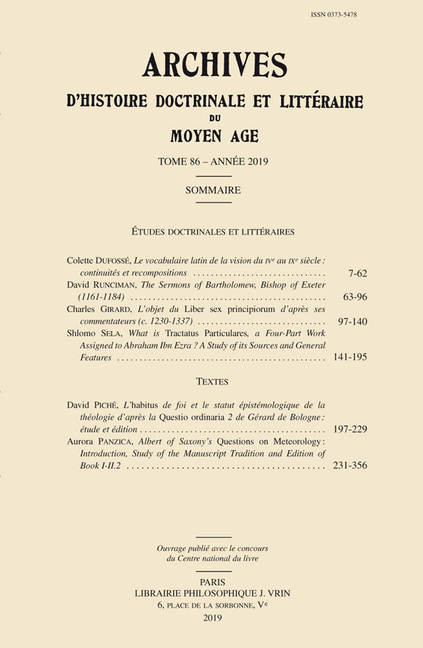 Archives d'Histoire Litteraire Et Doctrinale Du Moyen Age LXXXVI - 2019