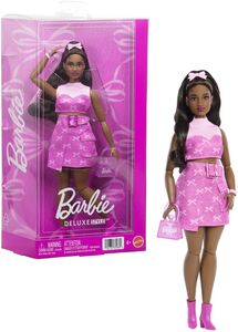 Barbie Deluxe Style Fashion Doll #10 in Pink Denim Top & Skirt Set With Bow Print, Black Hair