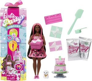 Barbie Party Unboxed Doll & Accessories, Pet Birthday Series, Shimmerin' Hearts Set