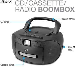 GPX BCA209B Stereo Boombox With CD Player, Cassette Recorder, AM/FM Radio AC/DC (Black)