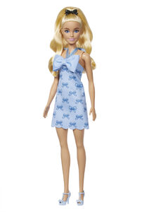 Barbie Fashionistas Doll #237 in Blue Bow Halter Dress, Blonde Ponytail With Bow Accessory