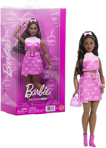 Barbie Deluxe Style Fashion Doll #10 in Pink Denim Top & Skirt Set With Bow Print, Black Hair