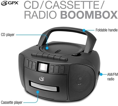 GPX BCA209B Stereo Boombox With CD Player, Cassette Recorder, AM/FM Radio AC/DC (Black)